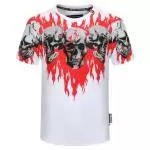 philipp plein t-shirt cut round neck fire skull blanc